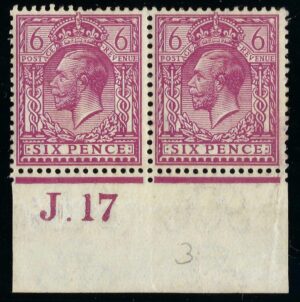 KGV sg385 N26(3) 6d Reddish purple pair control J.17 – unmounted mint