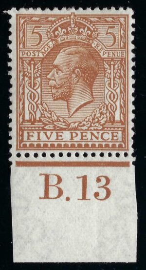 KGV sg381 N25(1) 5d Brown control B.13 – mounted mint