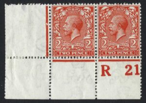 KGV sg366/69 2d orange pair control R21 Perf 2A(P.)