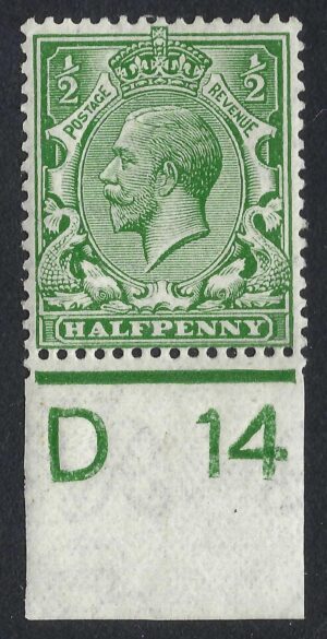 KGV sg351/56 N14(6) ½d Bright green Control D14