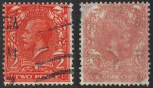 KGV 2d used Intense bright orange N19(9) in fugitive ink showing through to rear of stamp