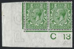 KGV sg351/56 ½d Green pair Control C13