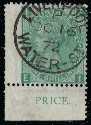 QV sg117 1s green (E-I) Plate 6 marginal with fine 1872 Liverpool, Water St cds