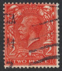 KGV 2d used Intense bright orange N19(9) in fugitive ink showing through to rear of stamp