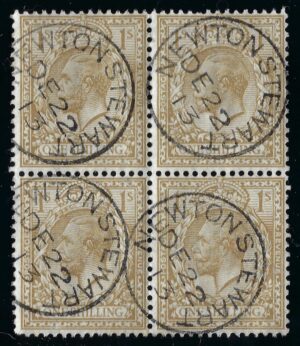 KGV sg395 1/- bistre block with superb 1913 NEWTON STEWART cds