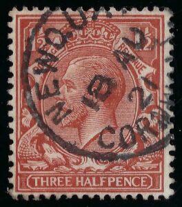 KGV 1½d with fine 1921 NEWQUAY CORNWALL postmark