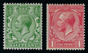 KGV sg397-398 ½d bright green & 1d dull scarlet (wmk Royal Cypher multiple) pair