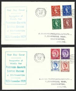 QEII 1959 Graphite-lined issue set on 2x First Day covers, with Inauguration of World`s First NAPHTHADAG AUTOMATIC SORTING MACHINE at Southampton by Postmaster General cachet – 19th December 1957 with Southampton `S` machine cancel