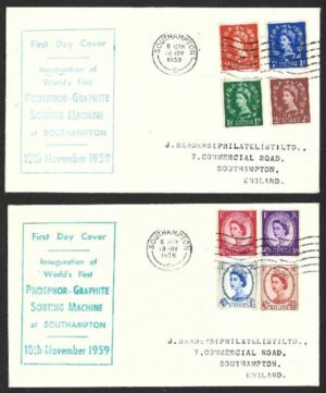 QEII 1959 Graphite-lined issue set on 2x First Day covers, with Inauguration of World`s First NAPHTHADAG AUTOMATIC SORTING MACHINE at Southampton by Postmaster General cachet – 19th December 1957 with Southampton `S` machine cancel