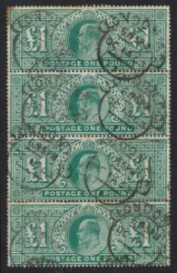 KEVII sg266 £1 green vertical strip – a RARE multiple