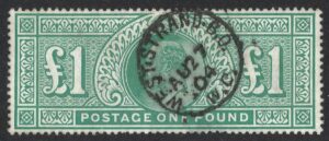 KEVII sg266 £1 dull blue-green with 1904 WEST STRAND cds