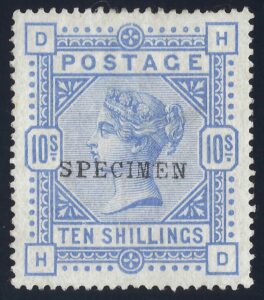 QV sg182s 10/- Cobalt (H-D) overprinted SPECIMEN Type 9 - fine mint example