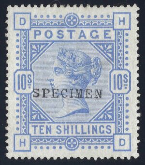 QV sg182s 10/- Cobalt (H-D) overprinted SPECIMEN Type 9 - fine mint example