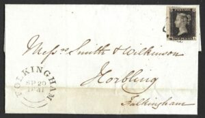 QV sg2 1d black (M-A) Plate 3 on 1841 wrapper BOURNE to FOLKINGHAM