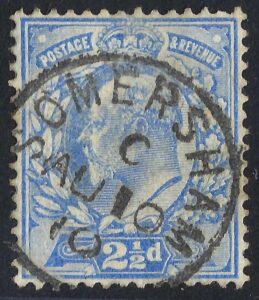 KEVII sg231 2½d pale ultramarine with fine 1910 SOMERSHAM cds
