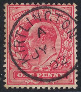 KEVII sg219 1d scarlet with fine 1902 KIRTLINGTON cds
