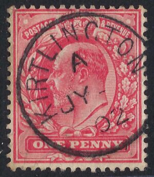 KEVII sg219 1d scarlet with fine 1902 KIRTLINGTON cds