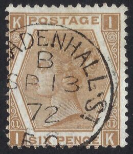 QV sg122a 6d chestnut (I-K) plate 11 with fine 1872 LEADENHALL St cds