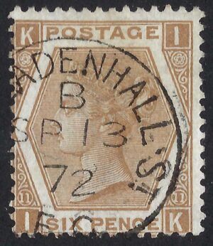 QV sg122a 6d chestnut (I-K) plate 11 with fine 1872 LEADENHALL St cds