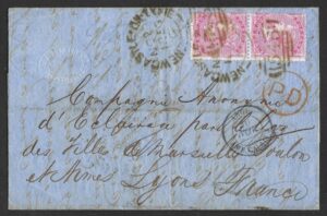 QV sg62 4d carmine pair on 1855 EL to LYON FRANCE