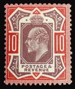 KEVII sg310 var M44 (UNLISTED) 10d Dull reddish purple & aniline scarlet - mounted mint