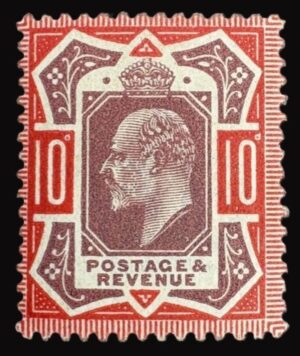 KEVII sg310 var M44 (UNLISTED) 10d Dull reddish purple & aniline scarlet - mounted mint