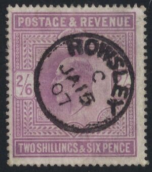 KEVII sg262 2s6d Dull purple with fine 1907 ROWSLEY cds