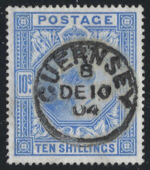 KEVII sg265 10s ultramarine with fine 1904 GUERNSEY cds