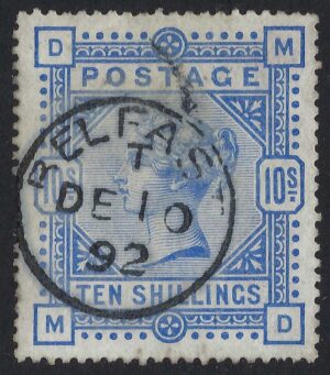 QV sg183 10/- ultramarine (M-D) with fine 1892 BELFAST cds