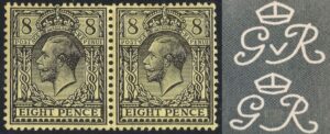 KGV 8d N28(zc) Dandy Roll variety – Missing V in watermark, right hand stamp in horizontal pair – U/M