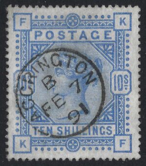 QV sg183 10/- ultramarine (K-F) with fine 1891 ACCRINGTON cds