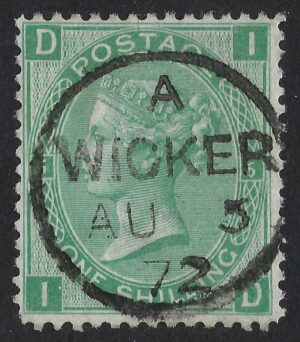 QV sg117 1s green (I-D) plate 6 with fine 1872 WICKER cds