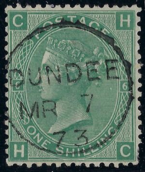 QV sg117 1s green (H-C) plate 6 with fine 1873 DUNDEE cds