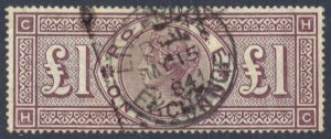 QV sg185 £1 brown-lilac H-C (Crowns wmk) – fine used