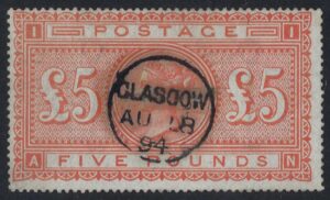 QV sg137 £5 orange (A-N) with 1894 GLASGOW cds