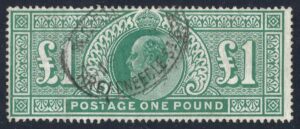 KEVII sg266 £1 dull blue-green with oval registered THREADNEEDLE St cancel
