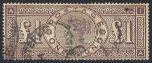 QV sg185 £1 brown-lilac I-A (Crowns wmk) with registered oval cancel