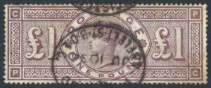 QV sg185 £1 brown-lilac P-C (Crowns wmk) with 1886 FLEET St registered oval cancel