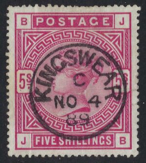 QV sg180 5/- rose (J-B) with fine 1889 KINGSWEAR cds