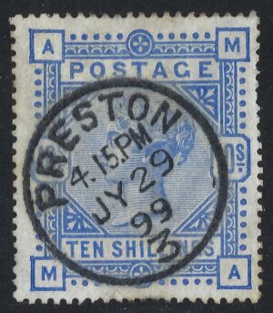 QV sg183 10/- ultramarine (M-A) with fine 1899 PRESTON cds