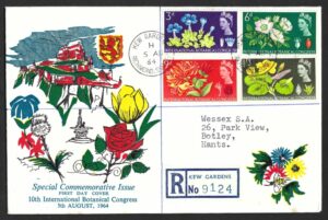 QEII 1964 Botanical Congress phosphor issue on illustrated FDC with KEW GARDENS, RICHMOND SURREY cds on front and rear. Scarce.