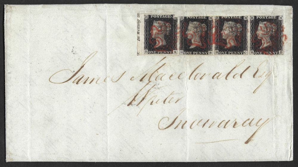 QV sg2 strip (HA-HD) on 1840 entire from GREENOCK to INVERARY