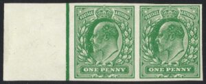 KEVII ½d Pale green plate proof pair with printing fault