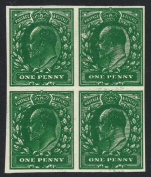 KEVII ½d Deep green plate proof block showing double impression